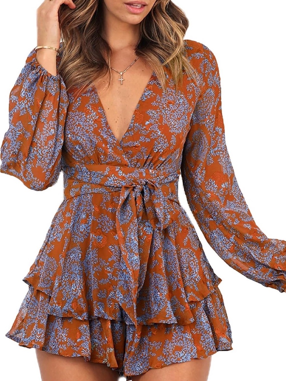 Rust Floral Wrap Mini Romper Dress with Blue Print